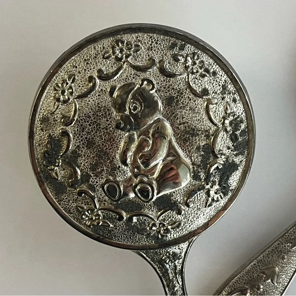 Vintage Silver Plated Baby Brush and Mirror, Teddy Bear Design Vanity Design